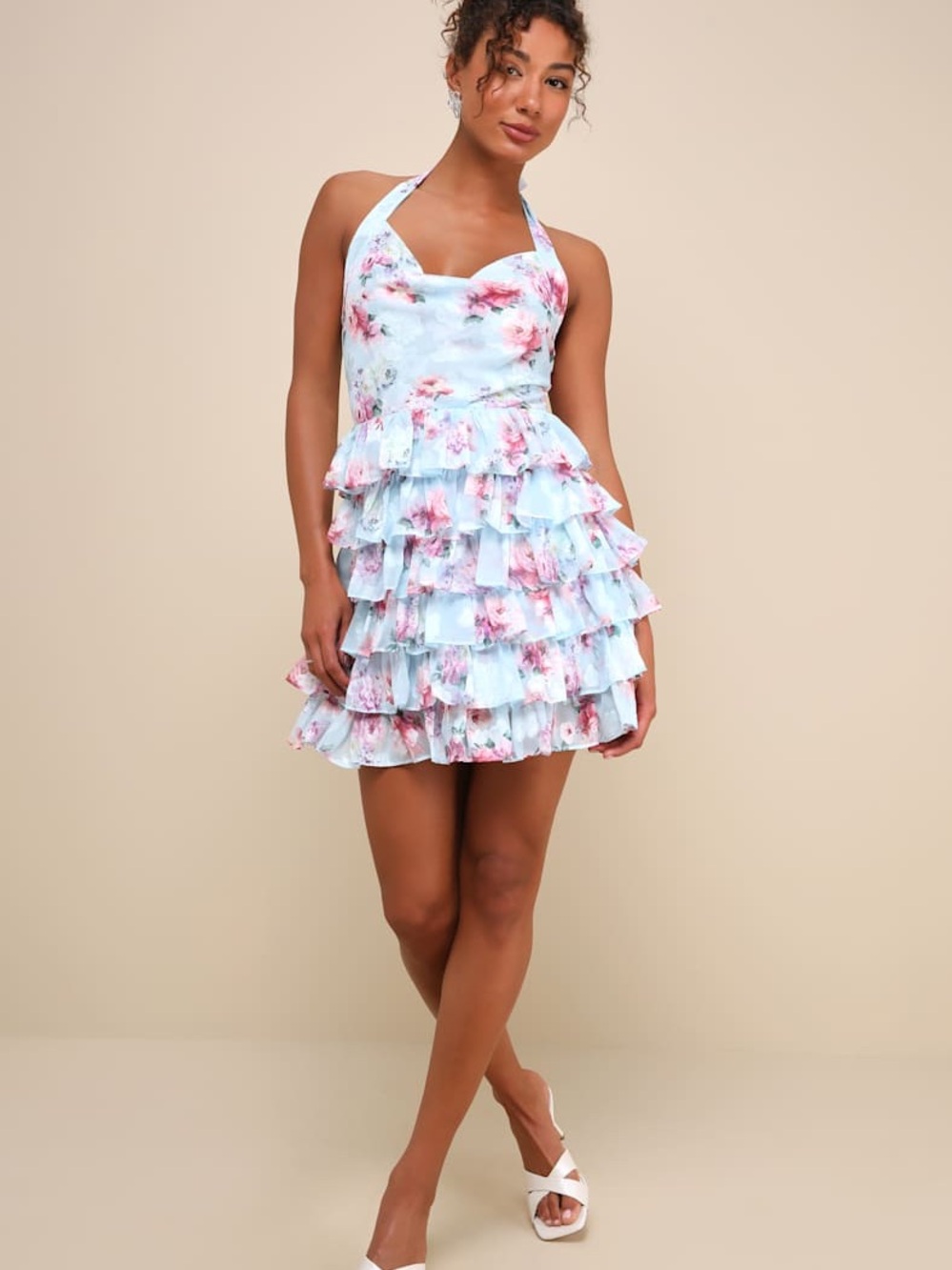 NWT Lulus Trending Adorable Light Blue Floral Tiered Halter Mini Dress - Picture 7 of 7